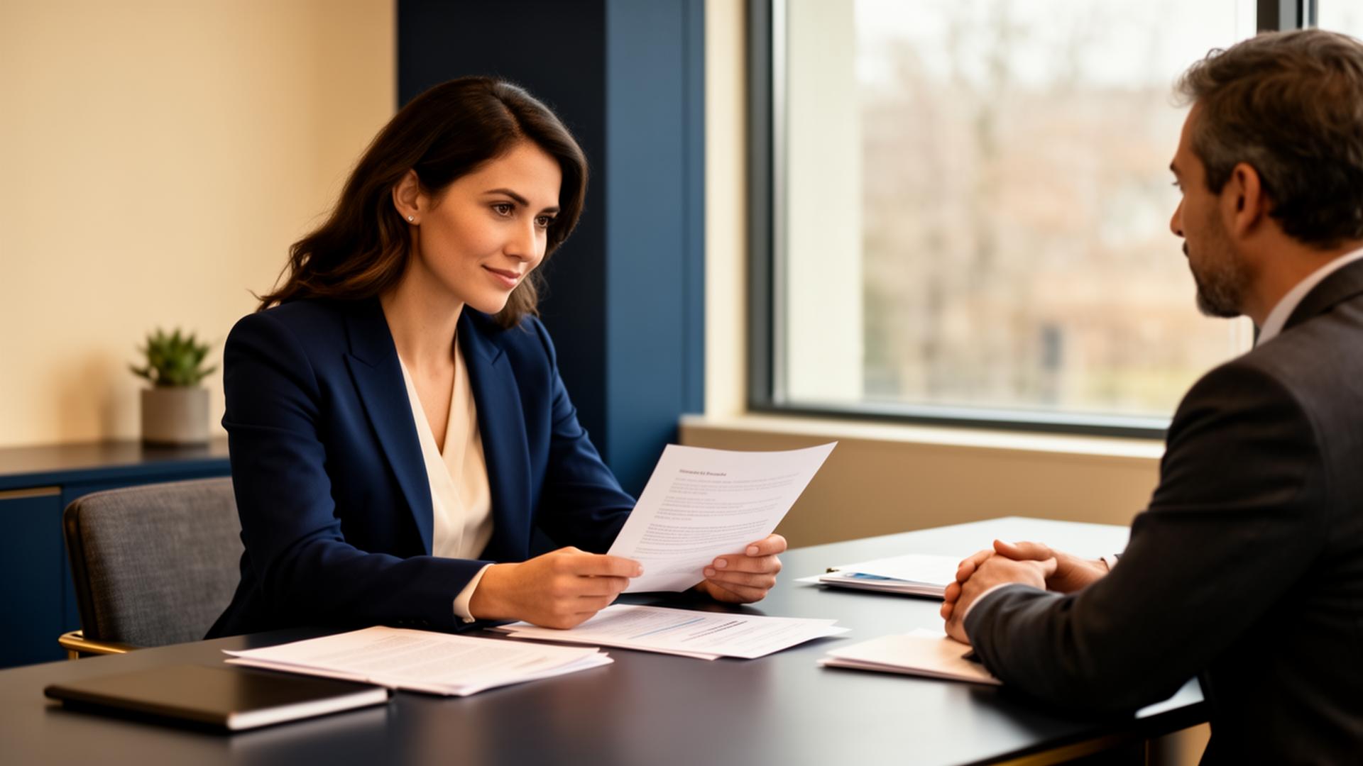 CPA in a navy blazer reviewing coverage paperwork with a client across a sunlit desk