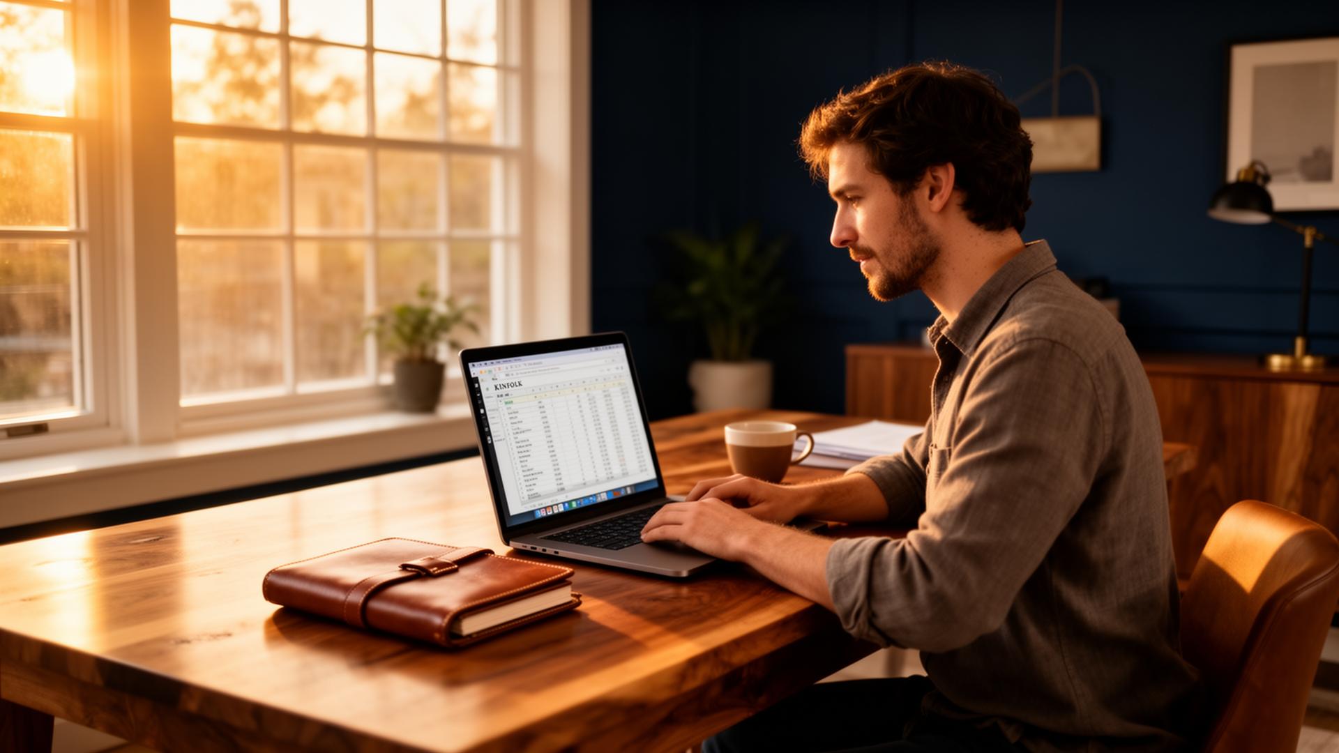 Self-employed accountant working at a wooden desk in warm afternoon light