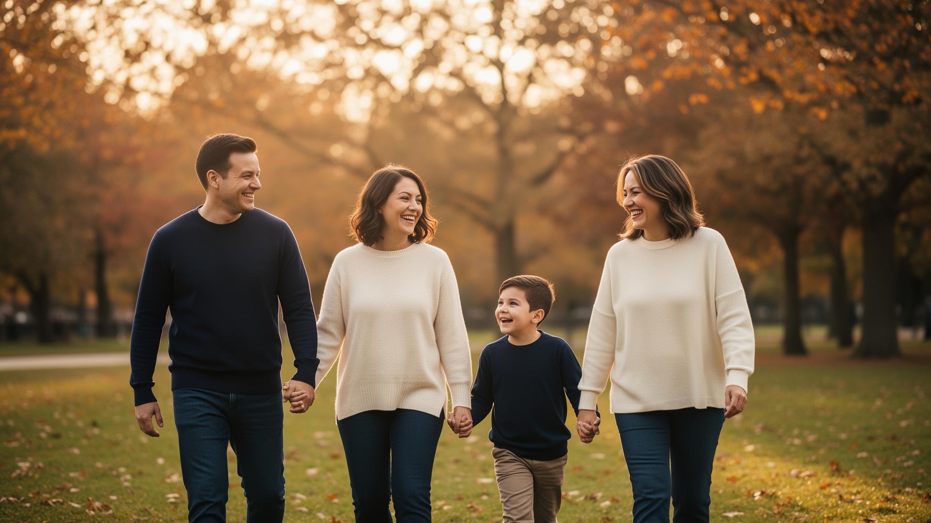 A family walking together in a sunlit park during golden hour