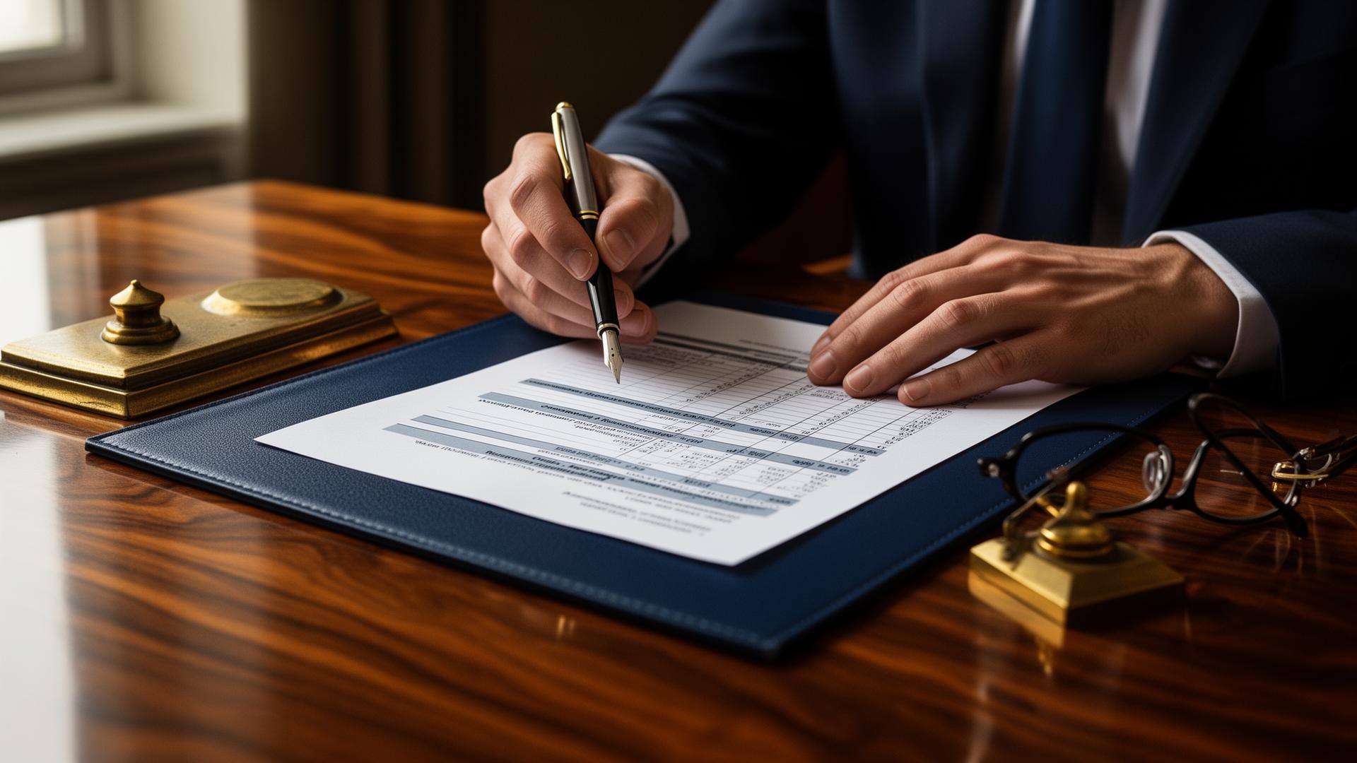 Financial advisor reviewing a navy ledger with fountain pen — HSA and retirement planning