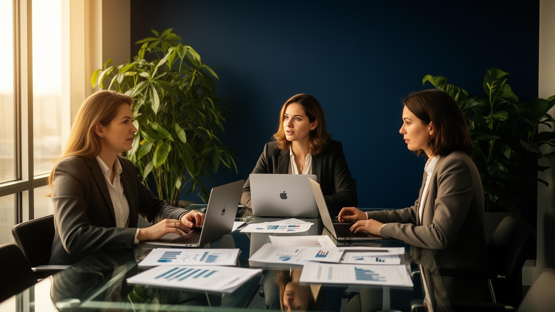 Small accounting firm collaborating over laptops and printed reports in a sunlit office